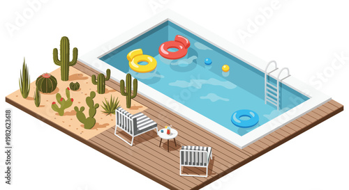 A luxurious isometric rectangular swimming pool features vibrant inflatable floats and a wooden lounge deck adjacent to a meticulously landscaped sandy cactus garden area.