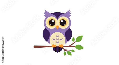 A kawaii purple owl perches on a branch with leaves in a flat design illustration.