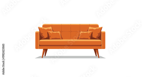 This elegant front-view orange upholstered sofa displays a meticulous tufted backrest and four plush matching pillows resting on a pristine white studio background.