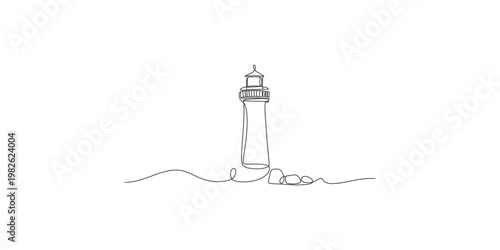 A continuous line drawing of a lighthouse on a rocky coastline by the sea shore