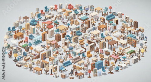 Collection of various furniture items arranged in an oval shape.