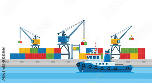 Vibrant maritime scene features a small blue tugboat navigating the water in front of a busy container terminal with multiple active cranes and stacks.