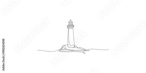 A minimalist line drawing of a lighthouse on a rocky island in the ocean