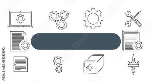 Assorted technology and engineering icons and tools in a horizontal vector strip.