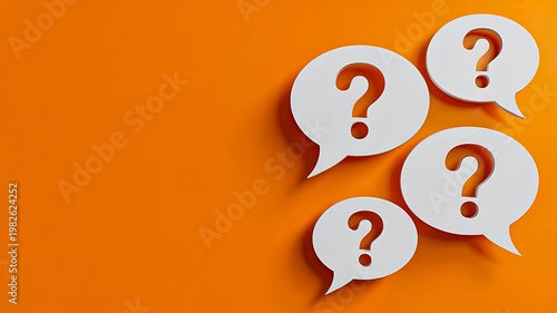 Question marks speech bubbles on orange background asking and thinking concept