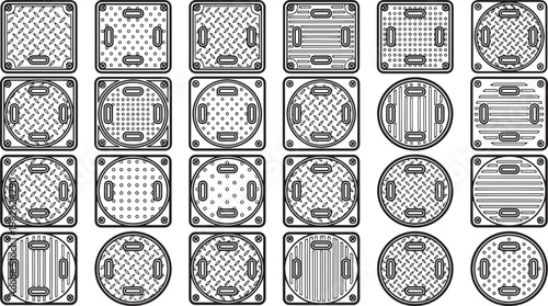 Manhole covers showcasing various industrial design and patterns for urban infrastructure, presented in a neatly arranged grid.