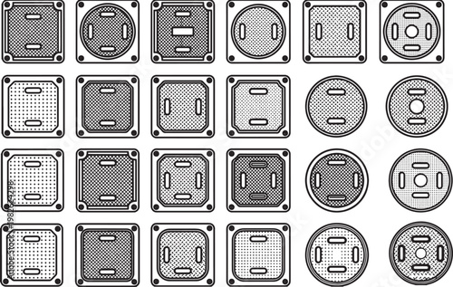 Variety of manhole covers and details, showcases engineering, design, and infrastructure with clean lines. 