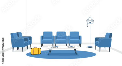 A tranquil airport waiting lounge is furnished with several plush blue armchairs arranged around a white coffee table featuring a bright yellow suitcase.
