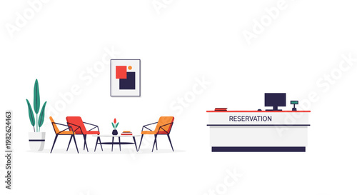 A minimalist corporate reception space displays a sleek white reservation counter alongside a stylish waiting area with vibrant orange and red chairs.