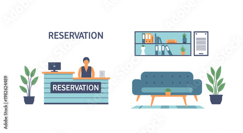 A professional hotel reservation lobby features a blue reception counter with a friendly staff member and a comfortable seating area with a plush sofa.