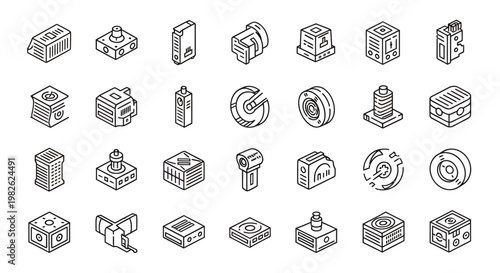Collection of isometric grayscale gadget and gear icons for graphic design assets.