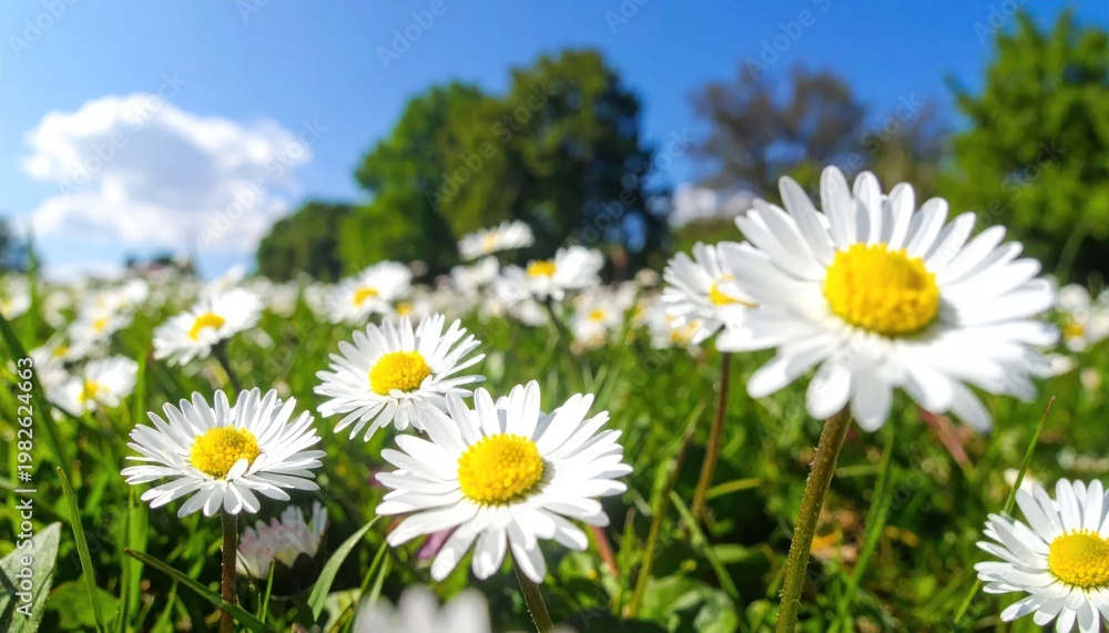 Obraz premium Daisies in a green field with trees.