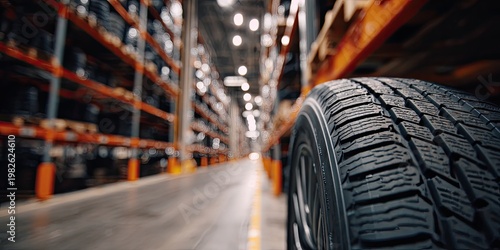 A close-up view of a tire in a large warehouse setting, highlighting the tread pattern and the industrial environment.