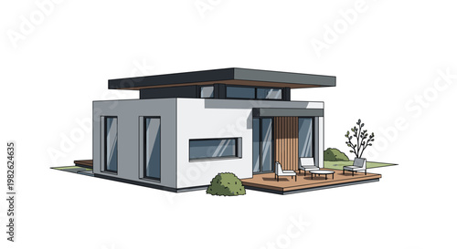 Modern minimalist white house architecture features a flat dark roof and an inviting wooden deck furnished with contemporary outdoor seating and tables.