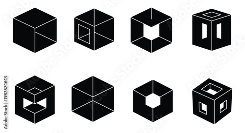 Eight distinct black cube icons feature intricate negative space cutouts and hollow geometric shapes arranged in two rows against a white background.