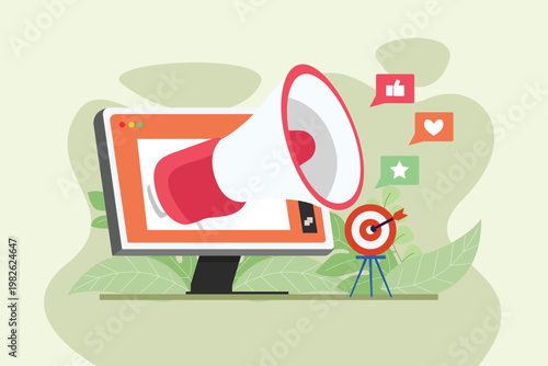 Online Promotion Using Megaphone Advertising. Digital Marketing Concept. Vector graphic illustration