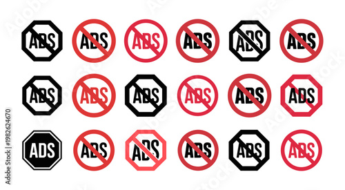 Collection of different ad blocking signs featuring red circles and black octagons with stop ads text for user interface design on white background.