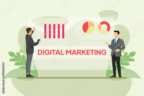 Team Discussing Online Marketing Performance Metrics. Digital Marketing Concept. Vector graphic illustration