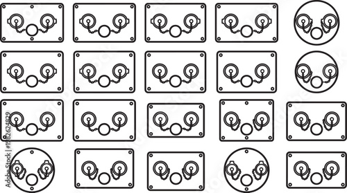 A collection of electrical switch panels presented in a minimalist, schematic design, conveying an abstract representation of technology. 