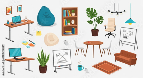 Modern Office Furniture and Decor Elements Collection.