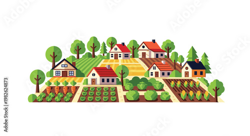 Colorful flat vector illustration depicts a charming rural village with small houses and organized vegetable gardens growing carrots cabbages and corn.