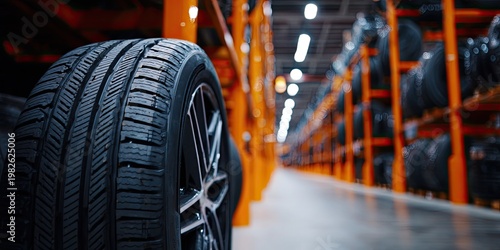 A close-up view showcases a tire and wheel in a large tire storage warehouse.