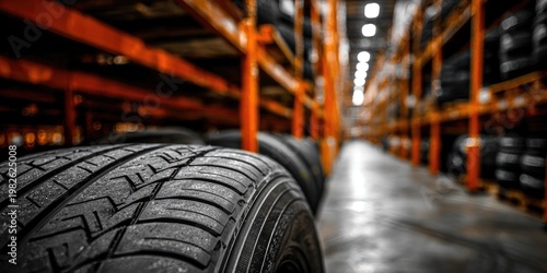 A close-up view showcases stacks of tires within a large warehouse setting.