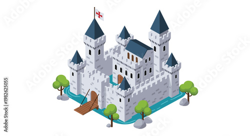 A pristine isometric illustration of a white medieval castle with blue pointed roofs surrounded by a water moat and a wooden drawbridge entrance way.