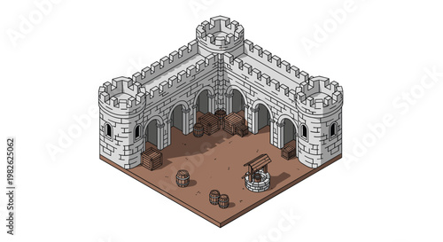 A detailed isometric view of a stone castle courtyard containing a wooden water well and various storage barrels and crates against the grey stone walls.