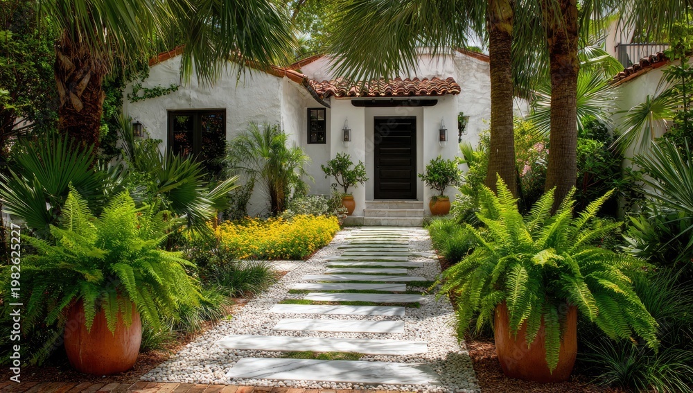Fototapeta premium Lush tropical foliage surrounds a charming stucco home with a tiled roof