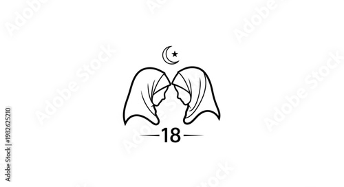 Two women wearing hijabs with a crescent moon symbol above them and the number eighteen below.
