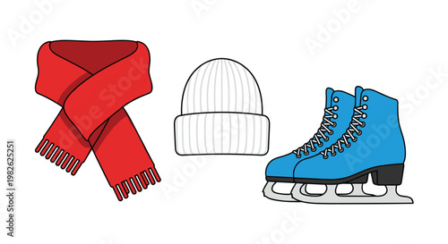 Essential winter sports gear including a pair of vibrant blue ice skates and a warm red fringed scarf alongside a simple white knitted beanie hat.