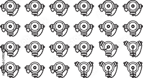Overhead view of several fire hydrants.