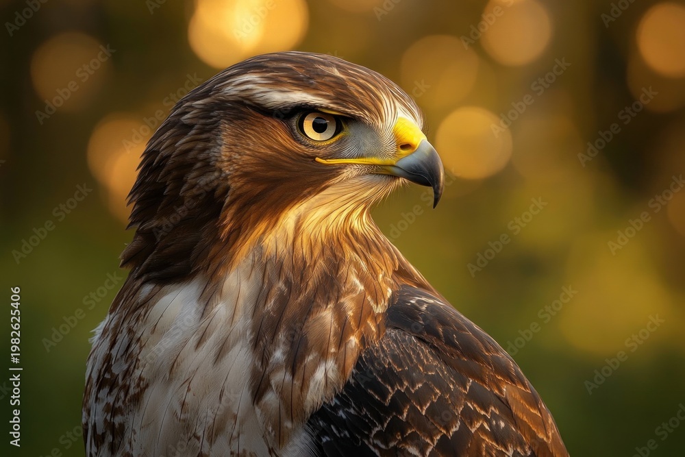 Obraz premium Majestic brown hawk profile with intense yellow eye and sharp hooked beak against warm golden bokeh, alert and proud expression