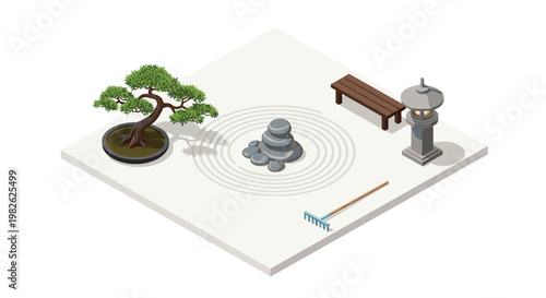 Meticulous Japanese Zen garden features a twisted bonsai tree and stacked stones centered within raked white sand beside a traditional stone lantern.