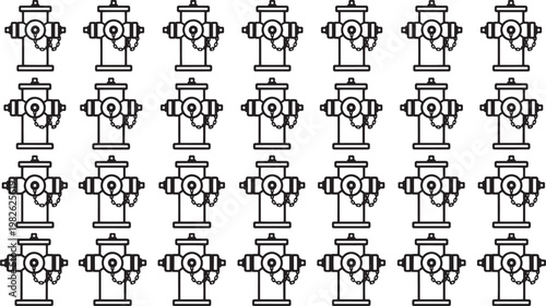 An array of uniformly designed fire hydrants create a rhythmic pattern.