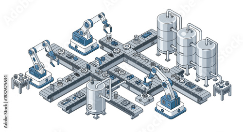Advanced robotic arms precisely manipulate mechanical components across an intricate grid of intersecting conveyor belts in a futuristic factory plant.
