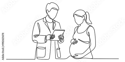 A single continuous line drawing of a doctor consulting with a pregnant woman during a checkup Vector, illustration