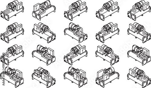 A graphic illustration showcases numerous industrial air compressors in a precise, repeated pattern, providing a comprehensive view of these machines.