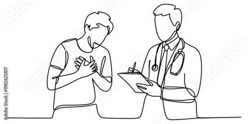 Continuous line drawing of a doctor consulting with a patient suffering from chest pain symptoms Vector, illustration