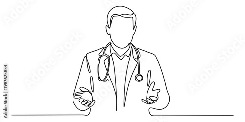 A single continuous line drawing of a male doctor wearing a stethoscope and explaining something Vector, illustration