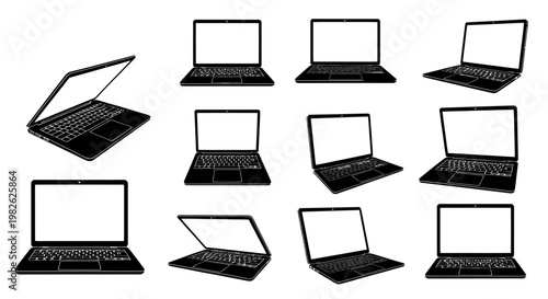 Series of Laptop Computers Shown Opened and Closed from Multiple Angles.