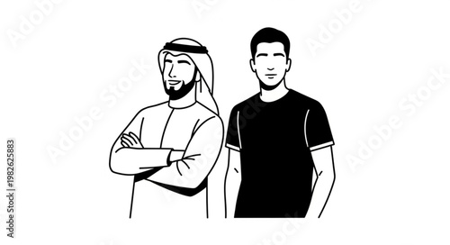 Two men standing side by side, one in traditional attire, looking forward.