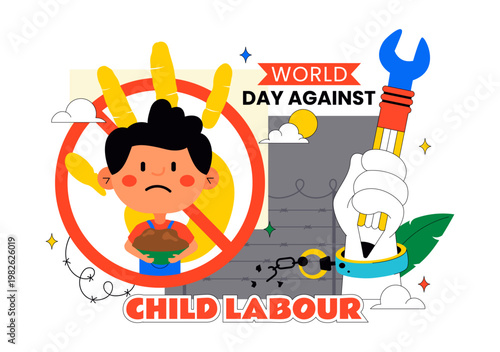 World Day Against Child Labour Vector Illustration Featuring Child Protection Awareness, Stop Exploitation Symbol and Social Justice Campaign Design