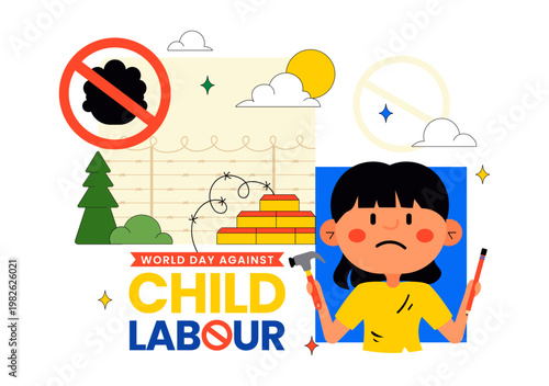 World Day Against Child Labour Vector Illustration Featuring Child Protection Awareness, Stop Exploitation Symbol and Social Justice Campaign Design