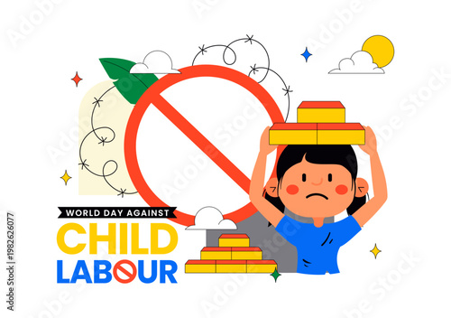 World Day Against Child Labour Vector Illustration Featuring Child Protection Awareness, Stop Exploitation Symbol and Social Justice Campaign Design