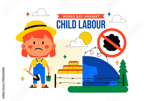 World Day Against Child Labour Vector Illustration Featuring Child Protection Awareness, Stop Exploitation Symbol and Social Justice Campaign Design
