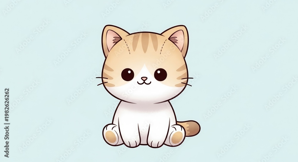 Fototapeta premium Adorable animated feline character illustration sitting on a soft pastel background radiating charm
