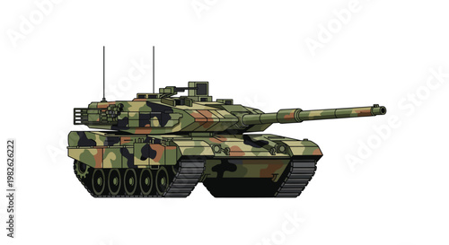 A formidable camouflaged main battle tank is shown from a front-quarter perspective highlighting the intricate mechanical details of its turret and heavy tread system.
