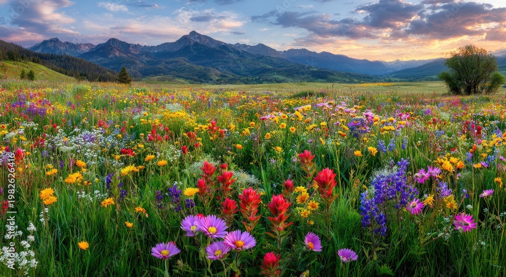 Fototapeta premium A vibrant wildflower meadow stretches across a valley, framed by majestic mountains under a colorful sunset sky, creating a breathtaking landscape scene.